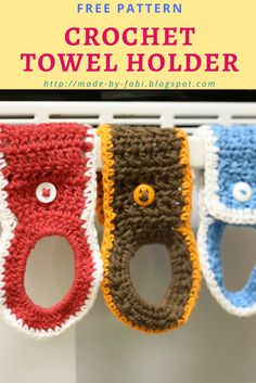 three crochet towel holders hanging on a radiator with text overlay that says free pattern