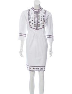 Ivory and multicolor Talitha mini dress with crew neck, three-quarter sleeves, embroidered accents throughout and button closures at center front. 
Fit:Dresses by Talitha typically fit true to size. White Embroidered Mini Dress For Daywear, White 3/4 Sleeve Dress For Daywear, Embroidered Mini Dress, Clothing Tags, Quarter Sleeve, Three Quarter Sleeves, Fitted Dress, Three Quarter, Sustainable Fashion