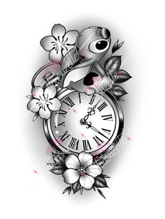 a clock with flowers around it and an eye on the face is shown in this tattoo design