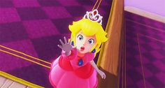 the princess peach is standing in front of a purple checkered wall and wearing a tiara