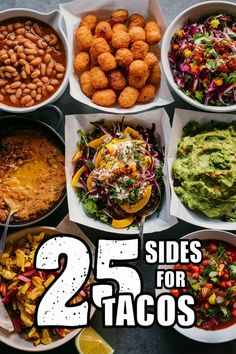 the cover of 25 sides for tacos, with different foods in bowls and side dishes