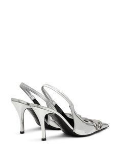 silver-tone glossy mirrored finish slingback strap pointed toe embossed logo to the front branded insole high stiletto heel Silver Pumps, Blue Pumps, Pink Pumps, Slingback Shoes, Pointed Toe Shoes, Slingback Pump, Metallic Leather, Small Leather Goods, Black Pumps