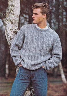 PLEASE NOTE PATTERNS ARE IN ENGLISH ONLY  Mens Smart Cabled Sweater with Raglan Sleeves and Round Neck Lovely sweater is knitted in blackberry stitch and cables with a 4 row repeat pattern This is an easy fitting sweater Sizes 34 to 44 inch chest  (86 to 112 cm) Knitted in Double Knitting / 8 Ply / Light Worsted This listing is for the digital pattern only, not the physical item shown in the photos nor a hard copy of the pattern. The pdf will be available for download as soon as your payment is Mens Sweater Knitting Pattern, Look 80s, Sweater Outfits Men, Aran Knit, Sweater Knitting Pattern, Jumper Patterns, Aran Sweater, Mens Sweater