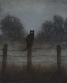 a painting of a cat sitting on top of a wooden fence in front of trees