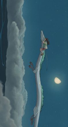 an animated image of a woman standing on top of a dragon in the sky next to a full moon