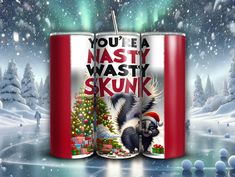 "Add a touch of Grinchy charm to your holiday festivities with our tumbler design featuring a mischievous skunk donning a Santa hat. The tumbler playfully boasts the phrase \"Nasty Wasty Skunk: He's a mean one, Mr. Stink!\"  Click BELOW to see all of our other beautiful designs 👇 https://dreamtanx.etsy.com The Maars skinny tumblers keep your drinks hot for 12h and cold for 24h, making them the perfect sipping companion all year round. With 20oz capacity, these tumblers come in a matte or glossy finish, and feature a tapered shape with a slim design for effortless carriage. The plastic press-on lid with color-matching straw makes for great practicality on the go, while all components are BPA-free and non-toxic; aka perfect for the whole family. .: Materials: stainless steel, plastic .: One Funny Epoxy Christmas Tumbler, Mr Stink, Christmas Tumbler, Secret Santa Gift, Christmas Tumblers, Secret Santa Gifts, Tumbler Design, Tumbler With Straw, Funny Christmas