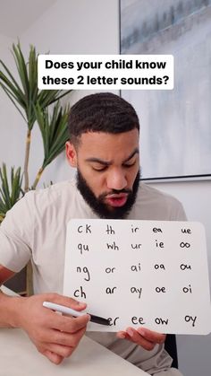 a man with a beard is holding a sign and pointing to it that says does your child know these 2 letter sounds?