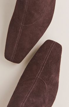 A stretchy shaft in a knee-high silhouette and square toe add modern elements to this supple suede boot lifted by a modest block heel. Side zip closure Leather upper, lining and sole Made in Brazil Sustainable Shoes, Oversized Turtleneck, Modern Elements, Knee Boot, Leather Blazer, Suede Boots, New Bag, Low Heels, Knee High Boots