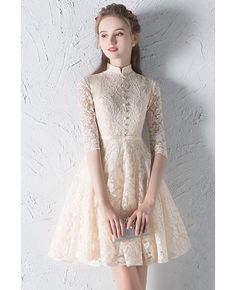 Buy modest champagne lace short homecoming dress half sleeved with collar at wholesale price online. Free shipping and pro custom service since 2009. Mini Homecoming Dresses, Standard Dress, Short Homecoming Dress, Lace Homecoming Dresses, Half Sleeve Dresses, Lace Short, Cheap Wedding Dress, Small Dress, Homecoming Dress