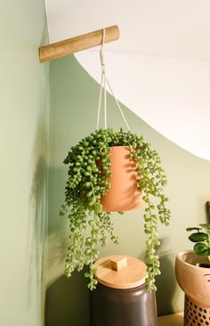 a potted plant is hanging from a wooden beam on the wall next to other pots