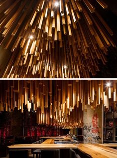 two pictures of the inside of a restaurant with wooden beams hanging from the ceiling and tables in front of them