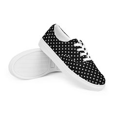 Women's Black with White Polka Dots lace-up canvas shoes, Polka Dot Sneakers No closet is complete without a pair of sneakers. Step up your shoe game with these women's lace-up canvas shoes and rest assured that your outfit will be polished to perfection.  * 100% polyester canvas upper side * Ethylene-vinyl acetate (EVA) rubber outsole * Breathable lining * Padded collar and tongue * Removable insole   * White laces * Blank product sourced from China Important: This product is available in the f Canvas Shoes With Perforated Toe Box, Canvas Shoes With White Sole And Speckled Midsole, Canvas Shoes With Speckled Midsole And Round Toe, Custom Lace-up Canvas Sneakers, Custom Lace-up Canvas Sneakers With Laces, Custom Lace-up Canvas Sneakers With White Sole, Custom Canvas Lace-up Sneakers, Casual Custom Lace-up Sneakers With White Laces, Low-top Canvas Shoes With White Laces