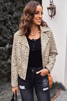 Leopard Print Zipper Lapel Collar Jacket Casual Biker Jacket With Lapel Collar For Fall, Trendy Collared Biker Jacket For Spring, Spring Casual Biker Jacket With Lapel Collar, Casual Collared Biker Jacket For Fall, Collared Outerwear With Zipper For Spring, Collared Spring Outerwear With Zipper Closure, Collared Outerwear With Zipper Closure For Spring, Casual Collared Biker Jacket For Spring, Beige Long Sleeve Biker Jacket For Fall