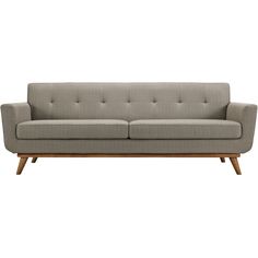 a gray couch with wooden legs and buttons on the armrests, against a white background