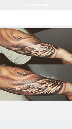 the arm is covered in tattoos and has an angel wing on it, while another half sleeve