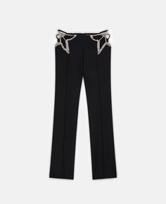 Luxury Straight Leg Pants For Evening, Luxury Fitted Pants For Party, Luxury Tailored Pants For Evening, Embellished Straight Pants For Evening, Luxury Tailored Evening Pants, Embellished Straight Evening Bottoms, Luxury Straight Leg Bottoms For Evening, Luxury Straight Leg Leather Pants, Luxury High-waisted Pants For Party