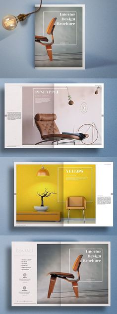 three different types of brochures are shown in this image, one with a chair and the other with a lamp