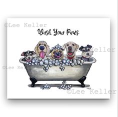 three dogs sitting in a bathtub with bubbles