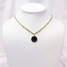 "This listing is for one enamel smiley face necklace with resizable gold plated paper clip-style chain. Charm is available in 6 different colors (white, pink, yellow, blue, purple, black). Necklace is 16.5\" with a 3.5\" extension, maximum length is 20\"." Affordable White Smiley Face Jewelry, Preppy Smiley Face Necklaces, White Smiley Face Jewelry Gift, Smily Face Necklace, Gold Smiley Face Necklace, Happy Smiley Face, Charm Choker Necklace, Face Necklace, Jewelry Care Instructions