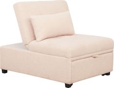 a white chair with two pillows on it's back and the seat upholstered