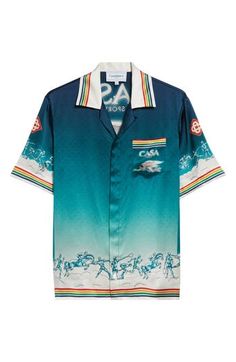 Casablanca takes its typical retro eclecticism way, way back for this silk camp shirt featuring icons of ancient Greece overlaid on an interlocking-heart monogram. 29" length; 44" chest (size Medium) Hidden-button placket Convertible collar Short sleeves Chest patch pocket 100% silk Dry clean Made in Italy Designer Clothing Convertible Collar, Camp Shirt, Hawaii Shirt, Ancient Greece, Camping Shirt, Casablanca, Convertible, Designer Clothing, Greece