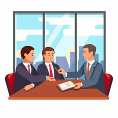 three men in business suits sitting at a table shaking hands with each other over a book