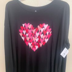 New. Made Of Cotton And Polyester Size Xxxl 22. Black Heart Print Tops For Fall, Black Long Sleeve Tops With Heart Graphic, Black Long Sleeve Top With Heart Graphic, Black Long Sleeve T-shirt With Heart Graphic, Black Crew Neck Top With Heart Print, Casual Black Tops With Heart Print, Black Casual Tops With Heart Print, Black Crew Neck T-shirt With Heart Print, Black Graphic Tee With Heart Print