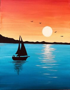 a painting of a sailboat in the ocean at sunset