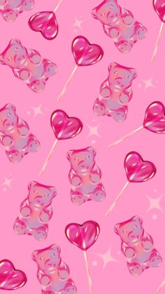 a pink background with lots of hearts and bears on top of each other in the shape of lollipops