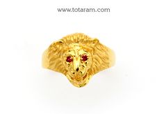 22 karat gold "lion" ring for men with red stones - 235-GR8006 - in 8.600 Grams for USD $1,012.04 USD. 
Made in India by Totaram Jewelers Online this product is in Gold - 22 Karat BIS Hallmark 916 Gold  & is an excellent gift for Adult - Men. Ships fully insured with secured guaranteed delivery for free with your order over $250 from New Jersey USA & comes with 30 days exchange policy. Balaji Rings For Men, 22k Gold Ring, Lion Ring, 22k Gold Jewelry, Gold Lion, Red Stones, Gold Jewelry Indian, Ring For Men, Red Stone