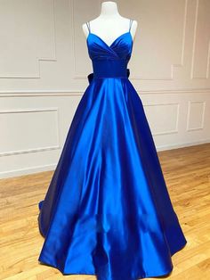 A line Spaghetti Straps Floor Length V Neck Bridesmaid Dress Formal Dresses Satin Long Prom Dress, Prom Dress Blue, Blue Evening Dress, Prom Dress With Train, Spaghetti Strap Prom Dress, Marine Uniform, Blue Evening Dresses, Dresses Royal, Custom Size Dresses