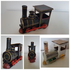 four different views of a toy train and its contents, including an empty carton