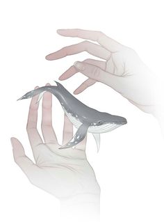 two hands reaching for a fake whale in the palm of someone's outstretched hand