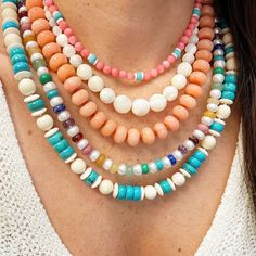 New for summer: Coral, Bone + Turquoise Beads! The "Beadazzled" collection drop II is here. Designed with one-of-kind gemstones, pearls + beads. These versatile pieces are LIMITED EDITION and are meant to mix, match and layer. Shop them fast before they are gone forever! 6mm Round Faceted Coral Beads 4x6mm Faceted Rondelle Turquoise Beads 3mm White Heishi Beads Lobster Clasp Necklace Measures Approx. 14" Due to the nature of these stones, color and pattern may vary slightly Bohemian Turquoise Pearl Necklace With Gemstone Beads, Colorful Beads Turquoise Necklace For Beach, Turquoise Round Beads Necklace For Beach, Turquoise Beach Necklace With Round Spacer Beads, Artisan Beaded Necklace With Gemstone Beads For Beach, Turquoise Necklace With Round Beads For Beach, Bohemian Beaded Turquoise Pearl Necklace, Bohemian Turquoise Beaded Pearl Necklace, Turquoise Round Beads Pearl Necklace For Beach