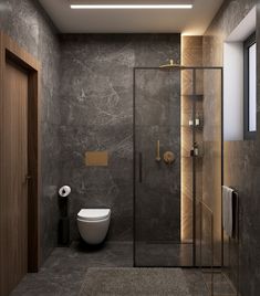 a bathroom with a toilet, shower and sink in it's center wall is shown