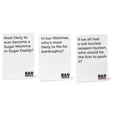 three white cards with the words bad money written on one side and in the other