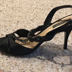 Ann Taylor Vintage Scarlett Black With Sparkling Straps And Buckle Slingback Sandals. - Side Buckle Adjustable To Fit. - Heel Height 3 Inch. Made In Brazil. Brand New With Original Shoe Box Full Retail Price $175 Tag On. Brand New. Never Been Worn. Elegant Slingback Sandals With Straps For Night Out, Black Slingback Strap Sandals For Party, Elegant Open Toe Synthetic Slingback Sandals, Elegant Open Toe Slingback Sandals, Elegant Evening Sandals With Synthetic Material, Elegant Evening Sandals In Synthetic Material, Formal Black Slingback Sandals With Straps, Elegant Slingback Sandals With Round Toe For Evening, Formal Closed Toe Synthetic Slingback Sandals