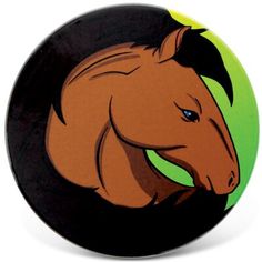 a brown horse with blue eyes on a black and green circle pinback button or badge