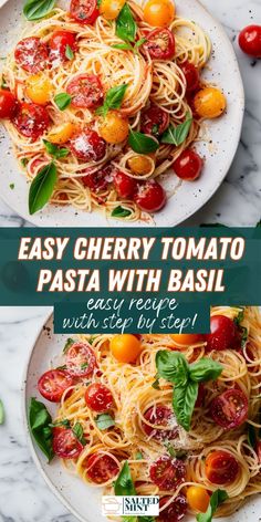 pasta with tomato sauce and basil leaves on top is shown in two different photos, one has