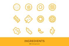 the ingredients line icon set includes donuts, orange slices and other items to be eaten