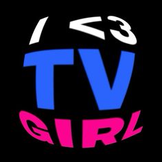 the tv girl logo is shown in pink, blue and white on a black background