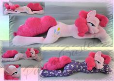 four different pictures of stuffed animals laying on top of each other, one pink and the other white