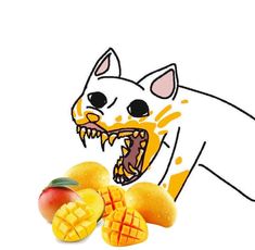 a drawing of a cat with its mouth open next to mangoes