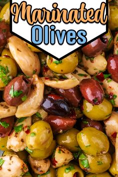 Various coloured olives with a text overlay title.