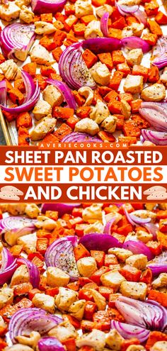 A sheet pan meal with zero cleanup! It's easy and ready in just 30 minutes. Not only is this roasted sweet potatoes and chicken recipe colorful and vibrant, but it is also healthy and delicious. Gotta love a weeknight dinner in one pan! Pan Sweet Potatoes, Sheet Pan Sweet Potatoes, Sweet Potatoes And Chicken, Potatoes And Chicken, Sheet Pan Dinners Chicken, Pan Recipe, Sheet Pan Dinners Recipes, Chicken Sweet Potato