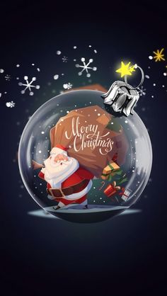 a christmas ornament with santa claus in it's glass dome and snowflakes