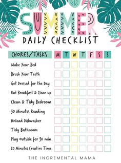 the printable summer daily checklist is shown with tropical leaves and flowers on it