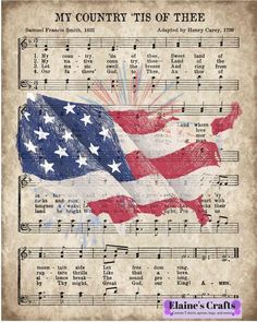 an old sheet music with the american flag on it and words that read, my country tis