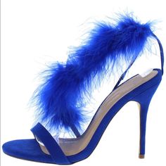 Beautiful Blue Feathered Heels Size 6 1/2, 7 And 7 1/2 Blue Party Sandals With 4-inch Heel, Blue Sandals With 4-inch Heel For Party, Blue Sandals With Wrapped Heel For Night Out, Chic Blue Sandals For Night Out, Blue Pointed Toe Sandals For Night Out, Blue Sandals With Round Toe For Night Out, Blue Ankle Strap Heels For Party, Blue Round Toe Sandals For Night Out, Blue Open Toe Heels For Party