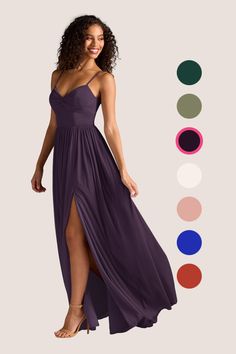 a woman wearing a long purple dress with slits and side split, standing in front of color swatches